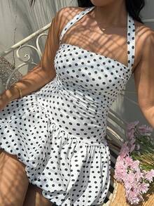 SHEIN EZwear Đầm dự tiệc/hẹn hò chấm bi cổ yếm xếp ly dành cho nữ cỡ lớn - Đen và trắng - Xem 2