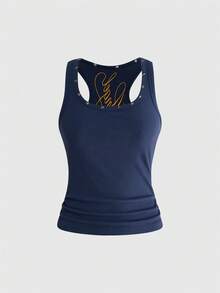 ROMWE Fairycore Women's Retro Music Festival Sexy All-Match Versatile English Logo Embroidered V-Neck Five-Pointed Star Rivet Decor Tank Top - Navy Blue - View 3