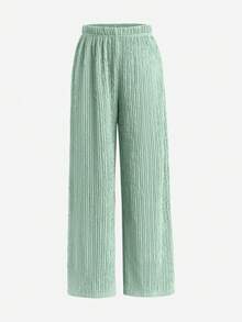 Tween Girls T-Shirt Set, Asymmetrical Asymmetrical Shoulder Design, One Side Sleeveless Strap, Other Side Asymmetrical Shoulder, Showing Collarbone And Shoulder Line, Lazy And Style. Metal Texture Decorative Buckle On Sleeveless Strap, Visual Focal Point Of The Set, Wide Leg Pants - Green - View 6
