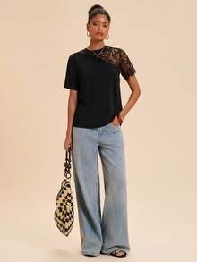 Travachic Women's Summer Casual Lace Patchwork T-Shirt - Black - View 7