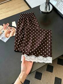 GlowEve Pantalon droit ample à taille élastique, avec patchwork en dentelle et imprimé à pois. Convient pour le port quotidien - Tabac - Voir 4