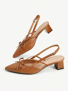 CUCCOO CHICEST Brown Pointed Bow Slingback Thick Heel Sandals, Workplace Commuting Temperament Shoes - List One Brown - View 9