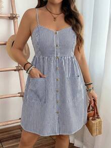 EMERY ROSE Plus Size Women's Spring/Summer Elegant Fashion Vacation Halter Neck Drawstring Waist Striped Print Dress - Navy Blue - View 5