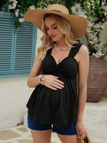 SHEIN Maternity Casual Solid Color Pleated Versatile Tank Top For Vacation - Black - View 3