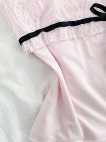 Elamini Áo hai dây dáng ôm, màu hồng pastel xếp ly, phối ren tinh tế, thắt eo bằng ruy băng đen, thích hợp cho kỳ nghỉ xuân/hè dành cho nữ, phù hợp mặc đi biển. - Hồng - Xem 4