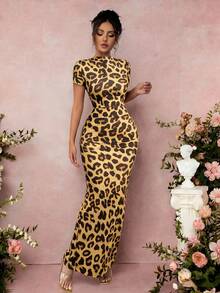 Rafferiza Women's Spring/Summer Ruched Waist Leopard Print Vacation Beach Long Sleeve Dress Slim Fit - Yellow - View 5