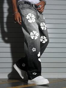 Manfinity EMRG Men's Street Gradient Washed Floral Print Loose Straight Leg Wide Leg Jeans - Black - View 3