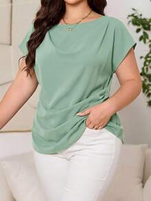 Reflora Plus Size Summer Elegant Solid Color Round Neck Side Ruched Waist Blouse Fall - Mint Green - View 1