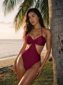 Swim Glamine Women's Solid Color Backless One-Piece Swimsuit For Beach Vacation - Red Violet - View 3