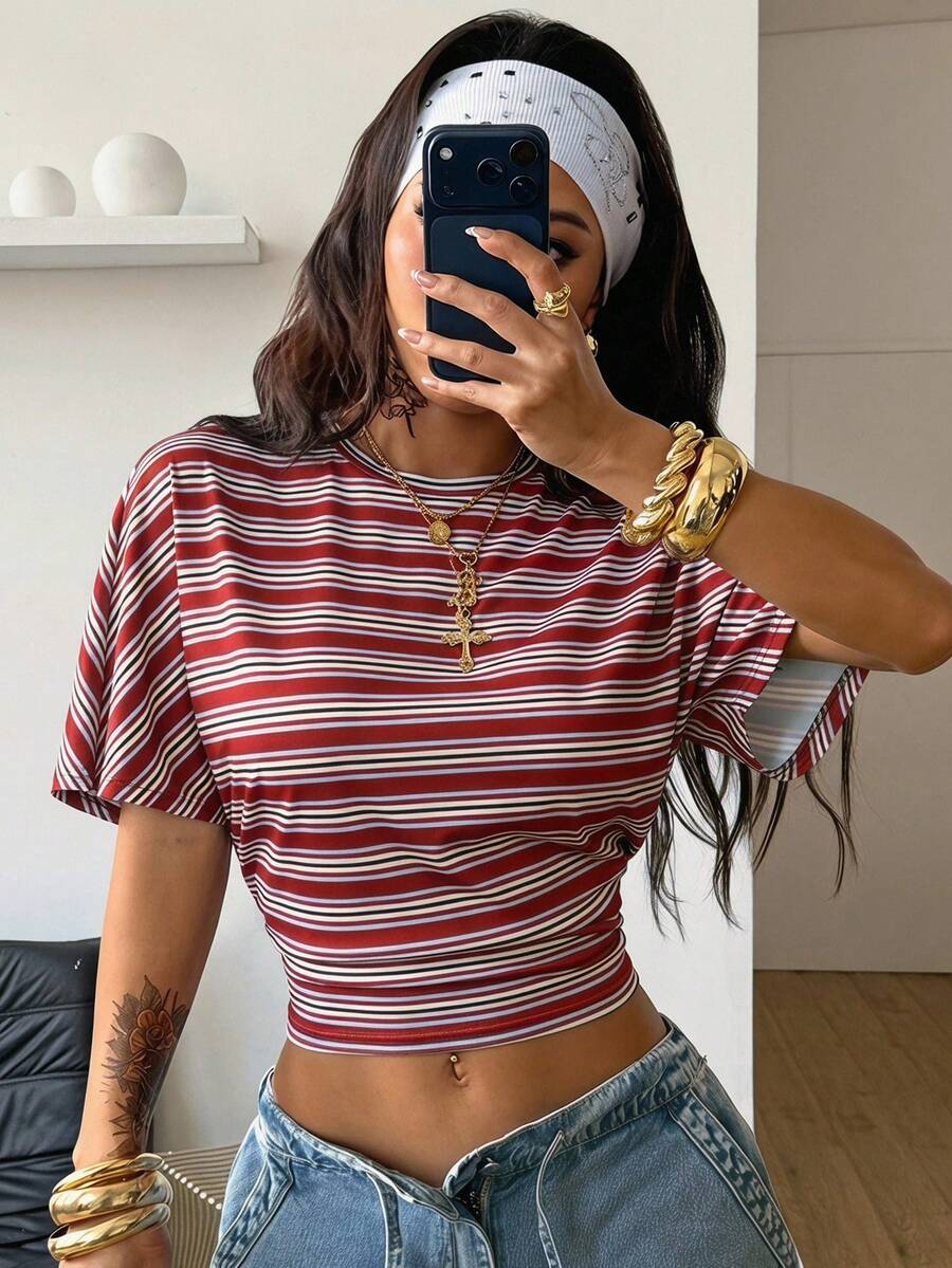 Coolane Women's Summer Minimalist Y2K Basic Daily Wear Casual Back To School Streetwear Stretchy White Loose Ruched Crop Tees - Red - View 1