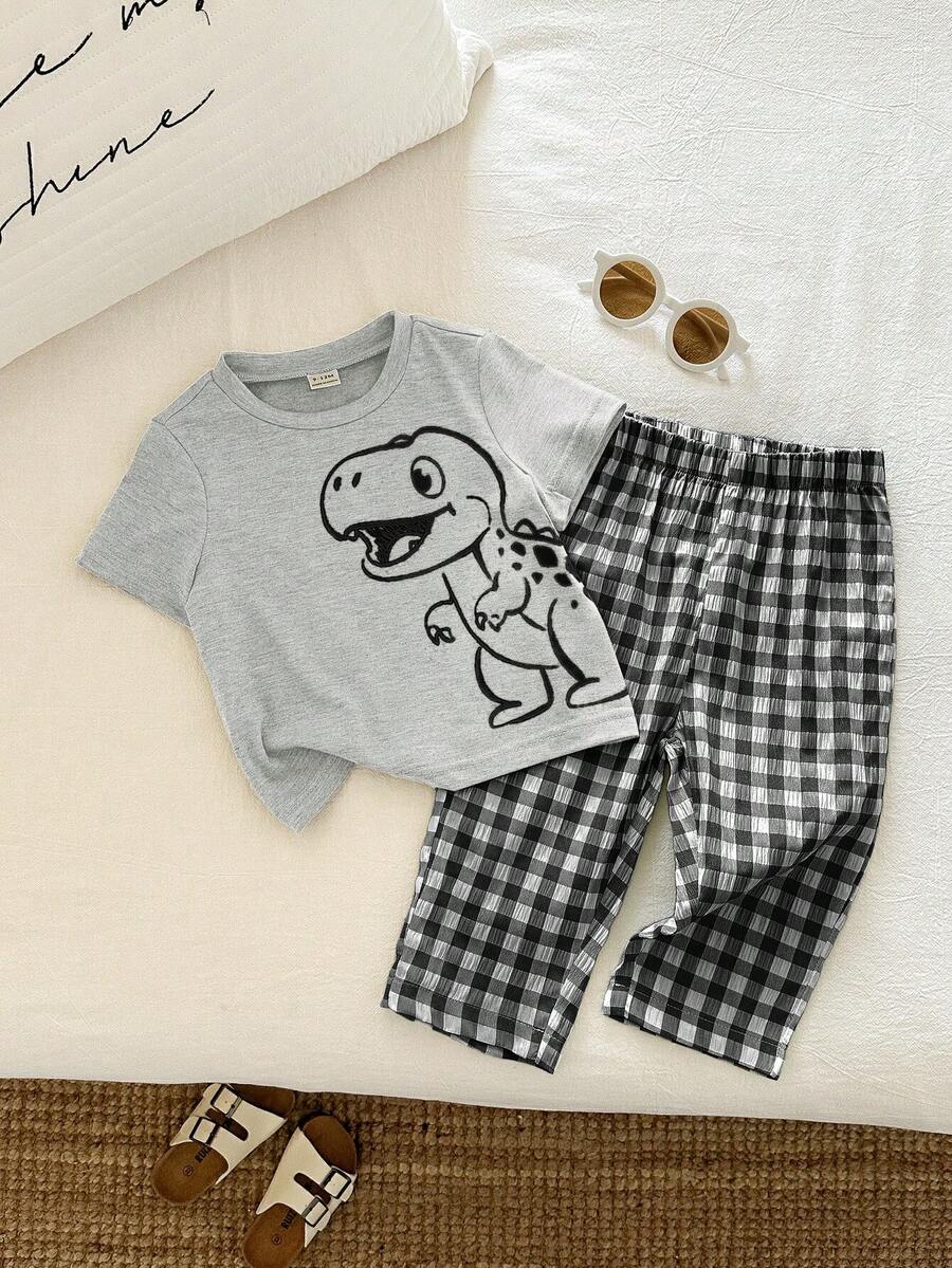 SHEIN Baby Boy Baby Boy 2pcs/Set Spring Summer Cute Dinosaur Pattern Short Sleeve T-Shirt And Green Plaid Long Pants Pajama Set, Suitable For Home, Casual, Outings And Daily Wear - Multicolor - View 1
