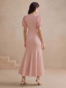 Anewsta Spring/Summer Round Neck Puff Short Sleeve Lace 3D Applique Elegant Romantic Fishtail Hem Women's Dress Tea Party Dusty Pink - Dusty Pink - View 2