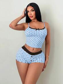 SHEIN SXY 女款蕾絲蝴蝶結藍黑波點吊帶上衣與短褲兩件組 - 藍色 - 查看 4