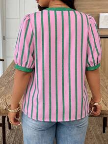 Weeklong Plus Size Women's Spring/Summer Notch Collar Striped Patchwork Contrast Color Casual Vacation Shirt - Multicolor - View 2