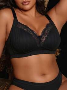 Divavoom 1pc Plus Size Lace Patchwork Wireless Bra - Black - View 1