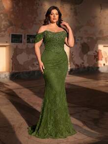 Aureia Plus Size Elegant Sexy Off-Shoulder Luxury Pearl Rhinestone Patchwork French Lace Boning Decor Waist Pleated Fitted Mermaid Hem With Train Heavy Work Evening Gown (Heavy Work Design) - Army Green - View 6
