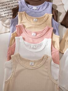 [6 Sets Randomly Sent 2 Sets]Young Girl Autumn/Winter Knit Ribbed Crew Neck Tank Top And Shorts 8-Piece Set Ribbed Fabric Grey Brown Apricot Pink Multicolor Hot-Selling Casual Base Layer Underwear 4 Pieces 2 Sets - Multicolor - View 6