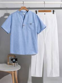 SHEIN Teen Boys Casual V-Neck Short Sleeve Shirt And Shorts Set, Comfortable, Fashionable, Versatile, Soft Fabric, Suitable For Daily Wear, School, Outings, Music Festivals, Holidays, Parties, Summer Beach Vacations, Summer Vibes, Festivals Boys Blue Short Set Boy Linen Outfit Boys Sky Blue And White Sets Boys Summer Outfit Preppy - Multicolor - View 7