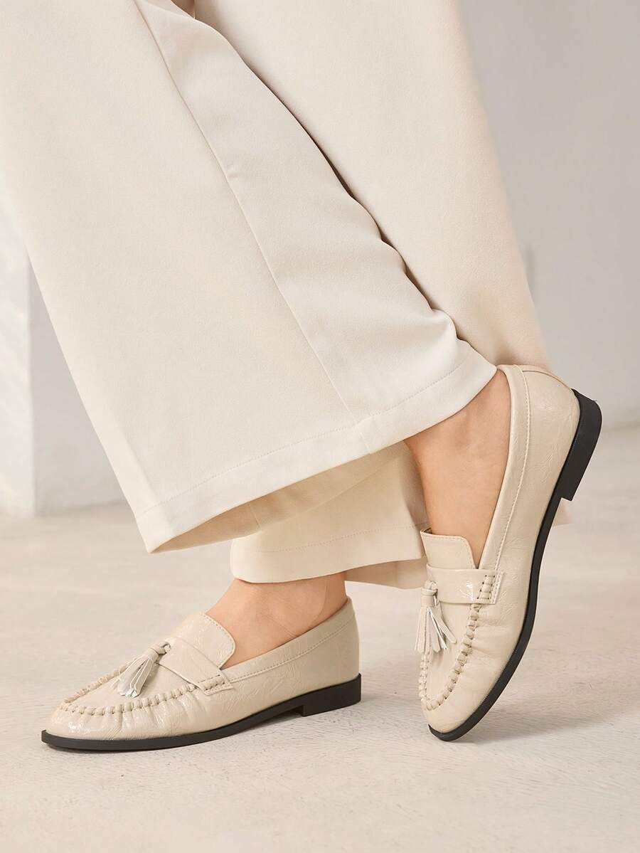 MOTF WOMEN'S NEW FRENCH RETRO FRINGED LACE-UP ROUND TOE FLATS, APRICOT VERSATILE CASUAL AND COMFORTABLE HIGH-END WOMEN'S SHOES - apricot mirror - View 2
