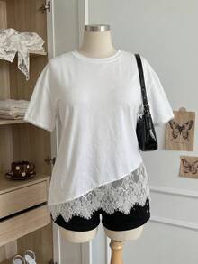 Comfortcana Plus Size Asymmetrical Hem Lace Loose T-Shirt Date Night Evening Birthday All White Summer Elegant Frenchy - White - View 4