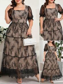 SHEIN Clasi Plus Size Elegant Lace Double-Layer Dress - Black - View 4