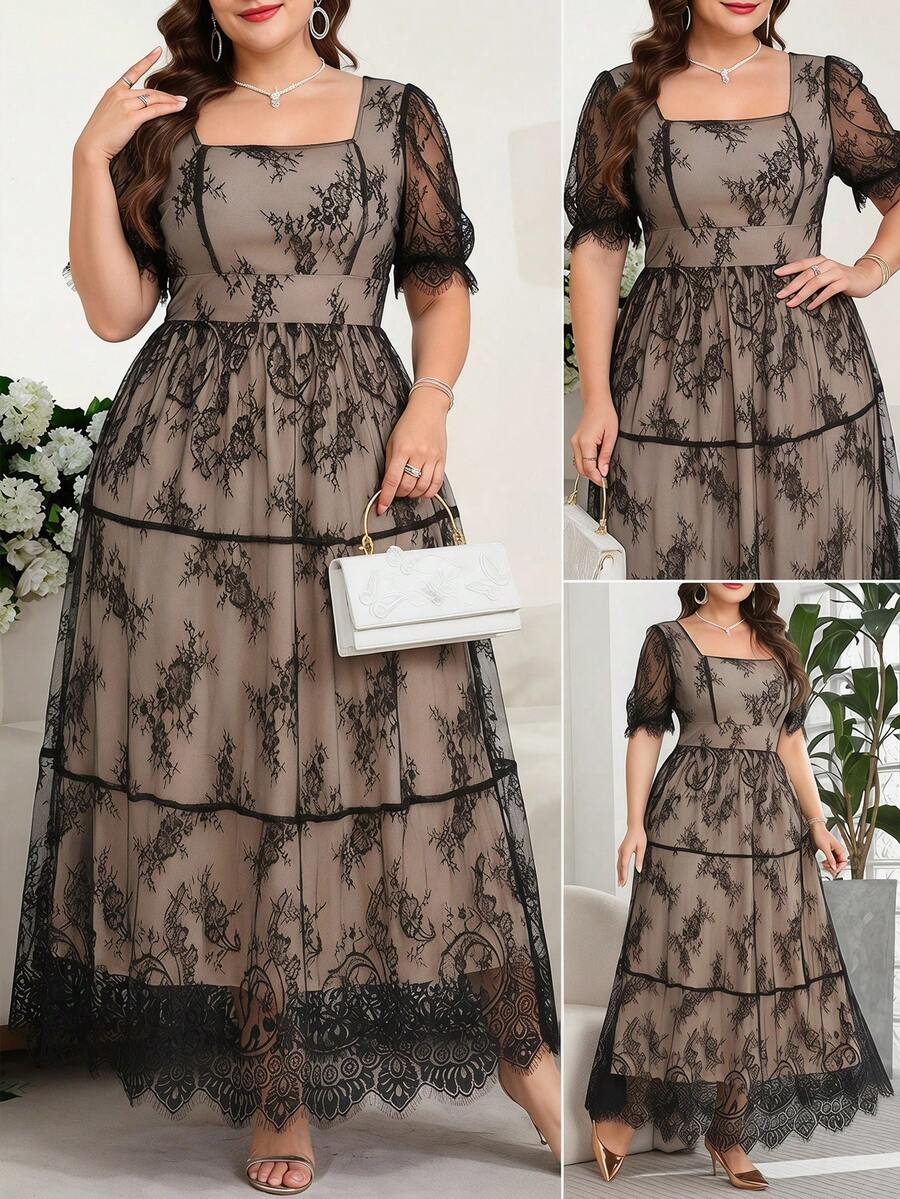 SHEIN Clasi 大码优雅蕾丝双层连衣裙 - 黑色 - 查看 1