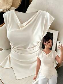 SHEIN Clasi Damen Große Größen elegantes Top mit gerafftem Ausschnitt, asymmetrischem Saum und geraffter Taille, Frühling/Sommer - Aprikosenfarben - Übersicht 1