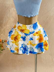 Soleia Orange Halter Top & Printed Mini Skirt 2 Pieces Set, Women Vacation Outfit - Blue - View 7