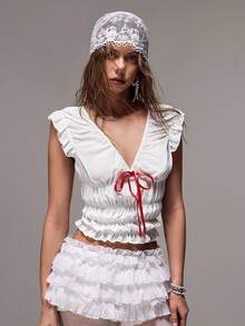 Sweetness Women's Sexy Cute Sexy Lace-Up Ruched Top Vacation Red And White Summer - White - View 8