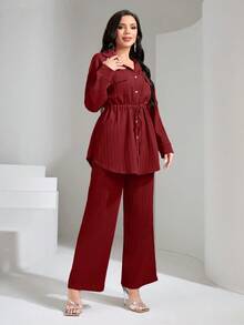 Graceveil Flap Pocket Drawstring Waist Shirt & Wide Leg Pants 2 Pieces Set Modest - Burgundy - View 4
