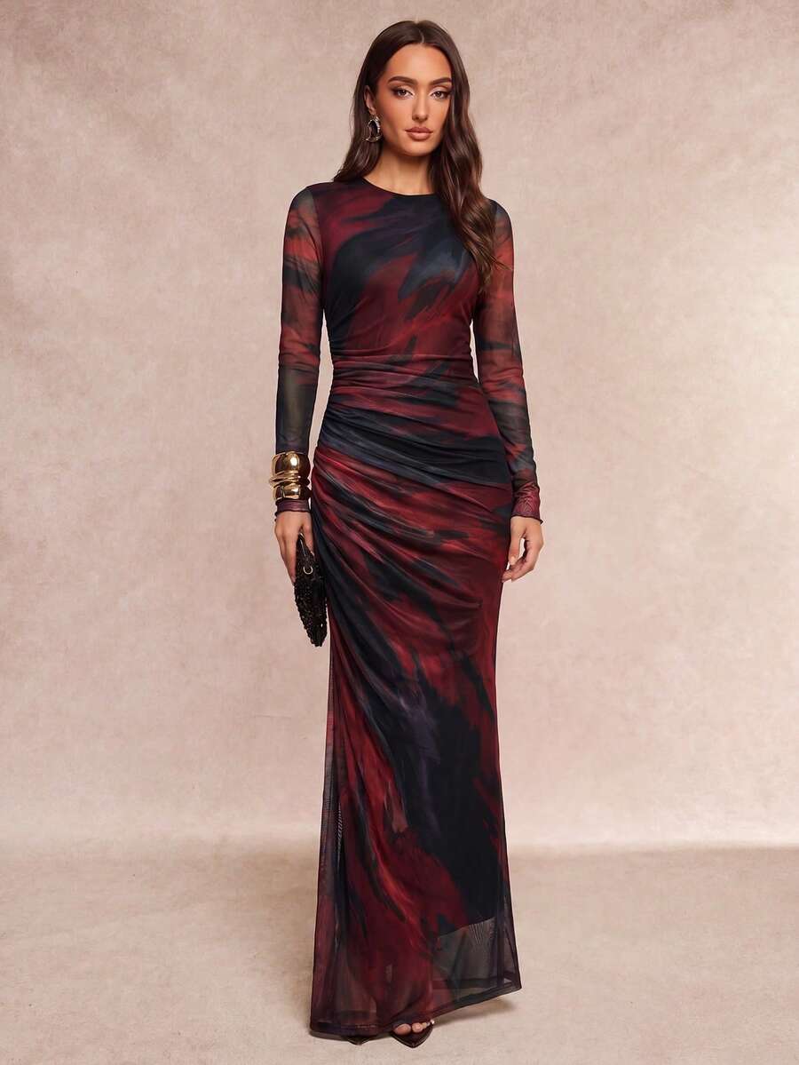 Silquee Este vestido de mujer marrón con estampado tie-dye de malla, cuello redondo y manga larga presenta una cintura ajustada con fruncido, resaltando el encanto femenino. Elegante y cautivador, es lo suficientemente versátil como para combinarse con cualquier cosa, desde citas, atuendos de temporada de bodas, fiestas de cóctel, fiestas románticas/ropa para citas, vestidos de noche, vestidos de día y noche, vestidos de dama de honor, vestidos de fiesta elegantes y con estilo, atuendo formal, ropa para citas románticas - Multicolor - Ver 1