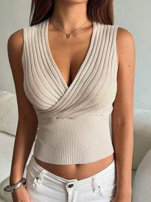 Strévra Top de punto texturizado sin mangas con cuello en V y cintura definida para mujer, primavera-verano - Albaricoque - Ver 3