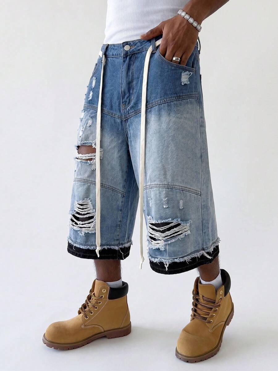 PAVTROS Men's Versatile Distressed Frayed Hem Pocket Button Denim Capri Pants - Light Wash - View 1