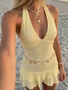 Sundraya Boho Cute Halter V Neck Ruffle Top Women Vacation Party Summer Going Out - Yellow - View 5