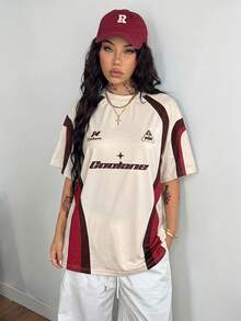 Coolane 女士字母印花圆领短袖T恤，时尚百搭 - 杏色 - 查看 5