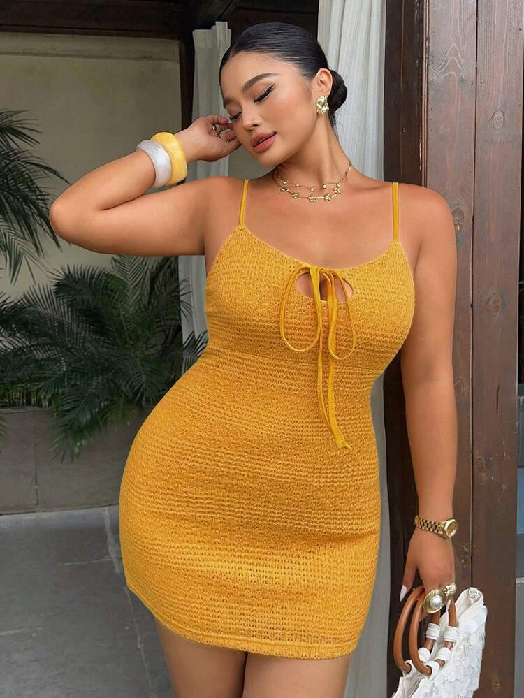 Dazy Plus Plus Size Women's Bodycon Tie-Waist Mini Skirt, Sexy Spaghetti Strap Dress, Yellow, Spring/Summer