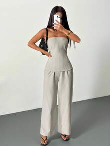 SHEIN PETITE Bộ đồ nữ gồm áo quây và quần cạp chun kẻ sọc màu mơ mới, bộ đồ nữ thường ngày, bộ quần áo kẻ sọc, bộ đồ kẻ sọc màu mơ, trang phục tối giản hàng ngày cho kỳ nghỉ, quần áo mùa xuân/hè, thanh lịch, đi làm, trang phục công sở, trở lại trường học, kỳ nghỉ, phong cách bohemian, đi biển, dịp trang trọng, thoải mái, cổ điển, áo, trang phục đi làm. - Màu be - Xem 7