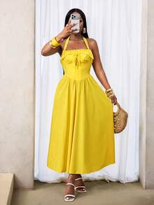 BamGleam Vestido de princesa con cordón ajustable y fruncido tipo halter para mujer de vacaciones - Amarillo - Ver 1