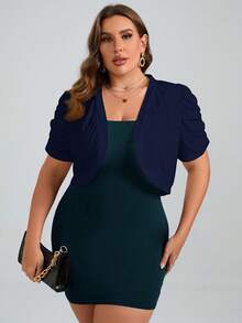 Chikora Chaqueta corta de unicolor con mangas abullonadas y plisadas, talla grande, estilo casual de negocios para mujer - Azul Marino - Ver 3