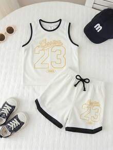 SHEIN 男女嬰兒適用 2件/套 春夏可愛黑色球衣套裝 籃球制服，23號圖案背心針織上衣與運動短褲套裝，春夏男嬰童裝套裝 - 白色 - 查看 1