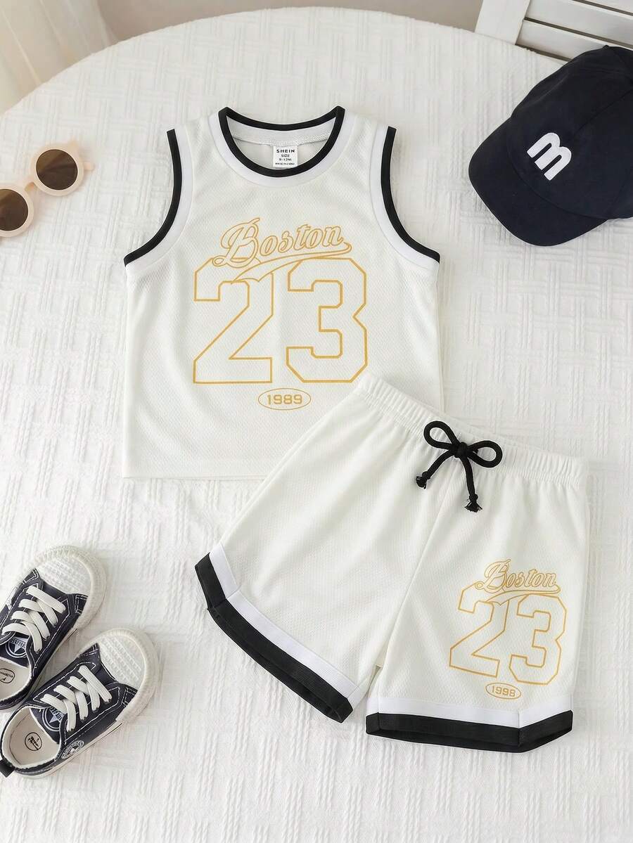 SHEIN 男女嬰兒適用 2件/套 春夏可愛黑色球衣套裝 籃球制服,23號圖案背心針織上衣與運動短褲套裝,春夏男嬰童裝套裝 - 白色 - 查看 1
