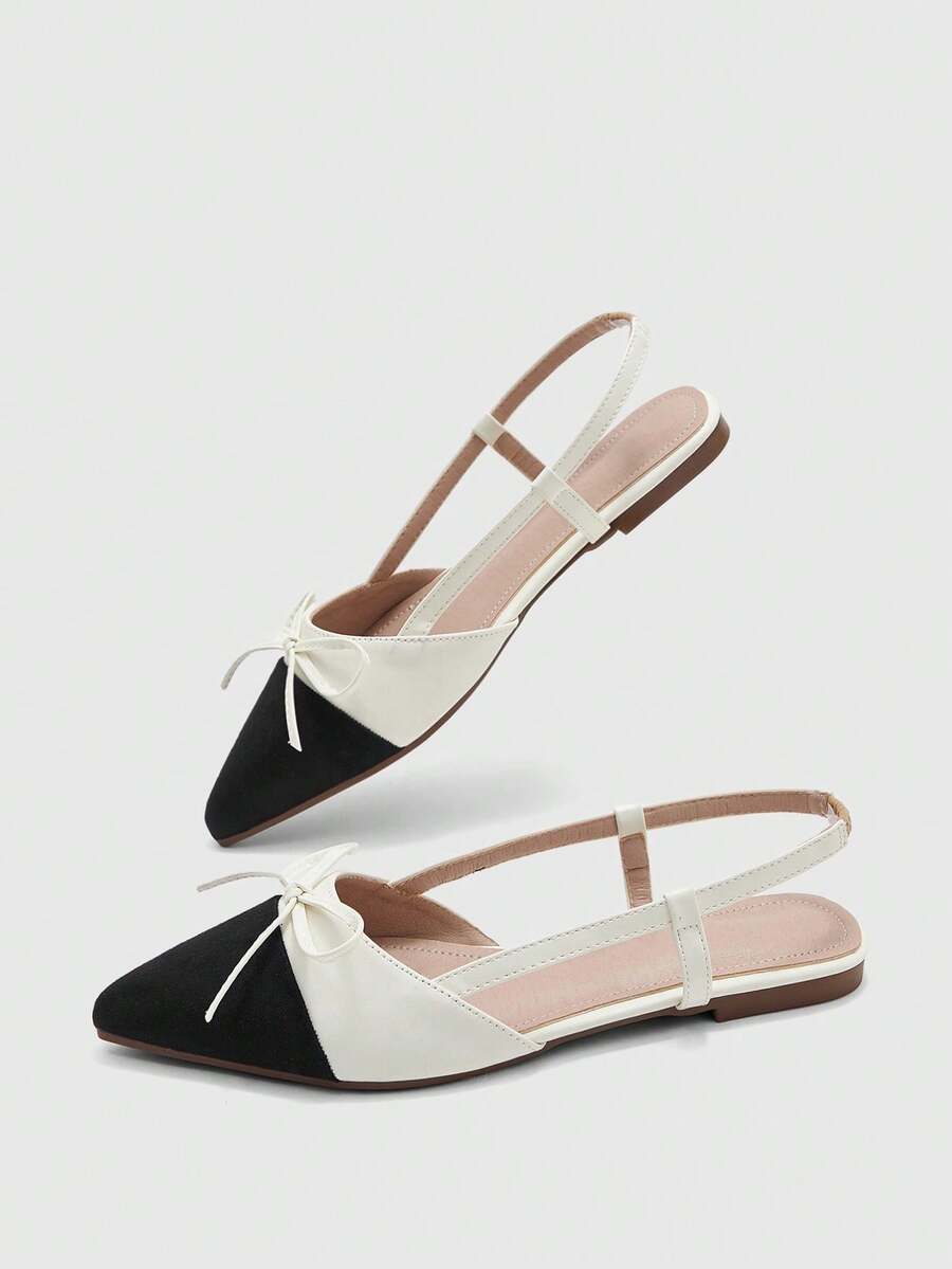 CUCCOO BIZCHIC French Pointed Back Empty Women's Shoes, Black And White Color Matching Bow Flat Shoes, Versatile For Commuting - Black and White - View 1