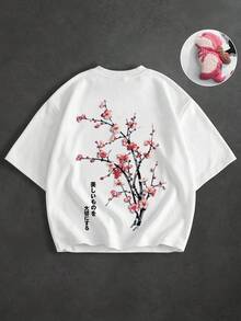 PAVTROS Men's Summer Letter & Plant Print Crew Neck Drop Shoulder T-Shirt - White - View 3