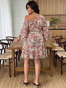 Weeklong Plus Size Women's Spring/Summer Asymmetric Neckline Cold-Shoulder Bohemian Print Ruffle Sleeve Button Waist Belt Tie A-Line Short Dress Fall - Multicolor - View 2