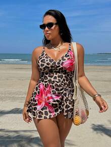 Swim Lushoire 2026 New Spring/Summer Plus Size Women's Summer Beach Leopard Print Camisole Swim Dress - Multicolor - View 8