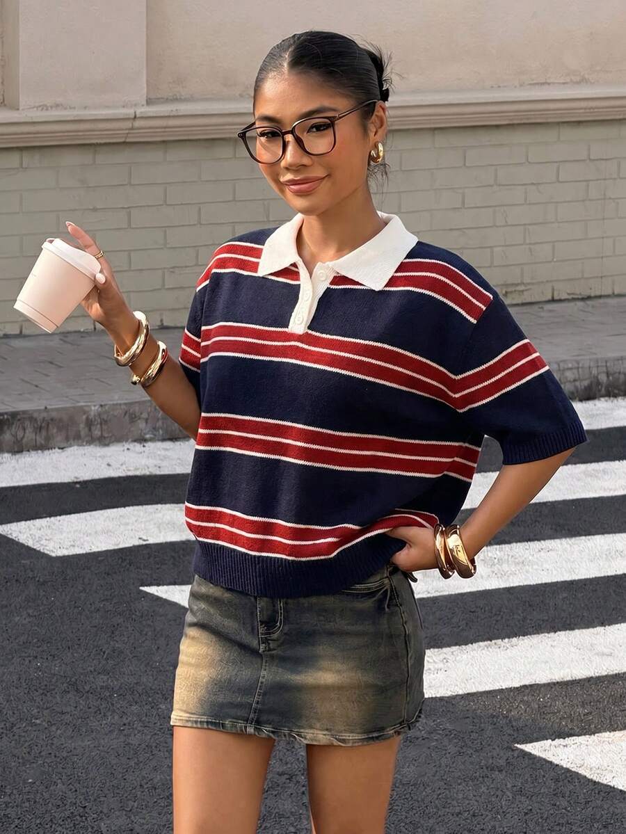 Muchica 女款休閒條紋針織上衣,美式復古條紋,女款街頭風 - 彩色 - 查看 1