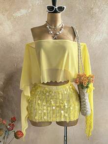 Nuevo top suelto con hombro asimétrico y transparente con lentejuelas doradas y falda mini fruncida de cintura baja asimétrica, estilo bohemio, boho, para vacaciones, vintage, fiestas, - Amarillo 2 - Ver 5