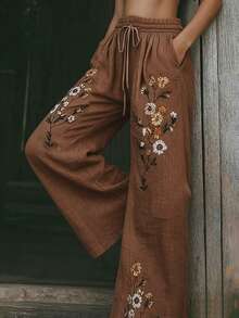 EMERY ROSE Women's Drawstring Waist Floral Print Linen-Like Casual Pants - Coffee Brown - View 5