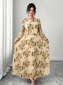 Elenzga Plus Size Spring/Summer Versatile Pleated Long Sleeve Woven Casual A-Line Dress Fall - Apricot - View 5