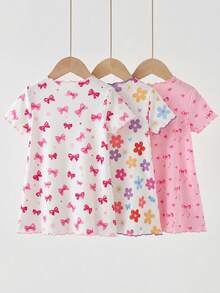 Baby Girl Cute Cartoon Strawberry & Rabbit Pattern Ribbon Bow Decor Ruffle Round Neck Short Sleeve Knit Nightgown 3pcs Set - Multicolor - View 2